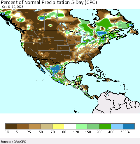 North America Percent of Normal Precipitation 5-Day (CPC) Thematic Map For 10/6/2023 - 10/10/2023