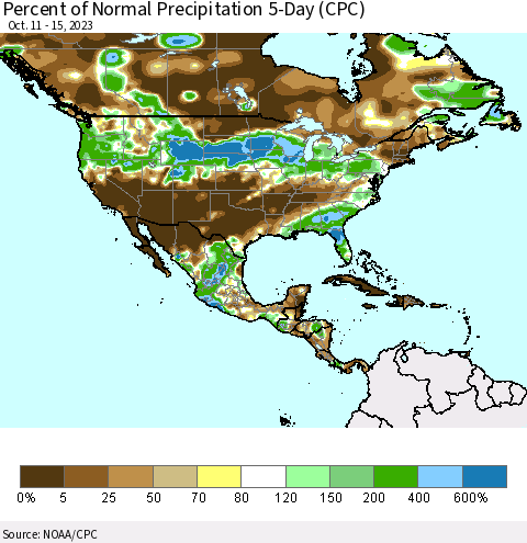 North America Percent of Normal Precipitation 5-Day (CPC) Thematic Map For 10/11/2023 - 10/15/2023