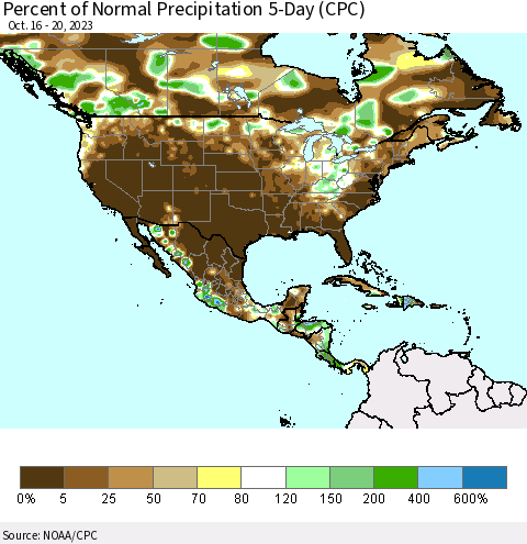 North America Percent of Normal Precipitation 5-Day (CPC) Thematic Map For 10/16/2023 - 10/20/2023