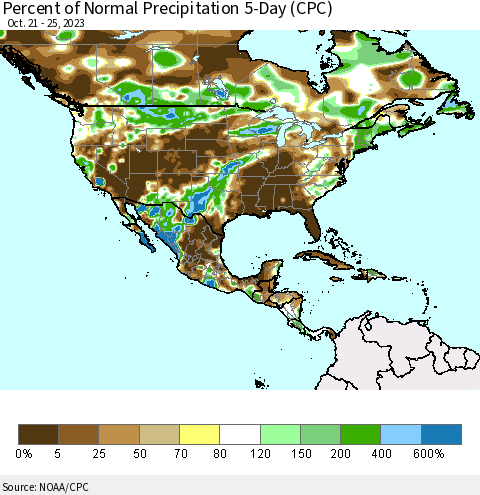 North America Percent of Normal Precipitation 5-Day (CPC) Thematic Map For 10/21/2023 - 10/25/2023