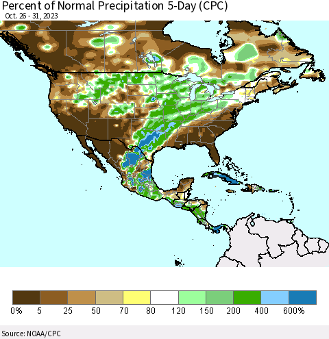 North America Percent of Normal Precipitation 5-Day (CPC) Thematic Map For 10/26/2023 - 10/31/2023