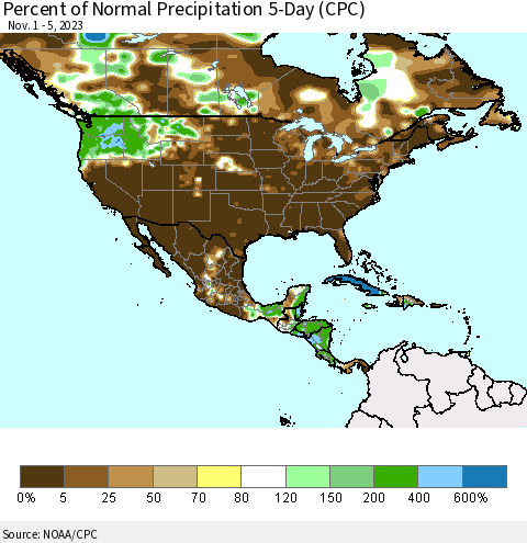 North America Percent of Normal Precipitation 5-Day (CPC) Thematic Map For 11/1/2023 - 11/5/2023