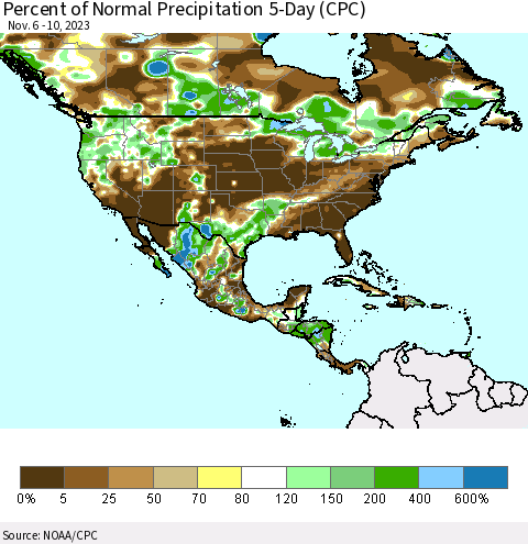 North America Percent of Normal Precipitation 5-Day (CPC) Thematic Map For 11/6/2023 - 11/10/2023