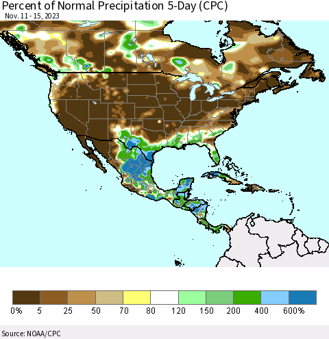 North America Percent of Normal Precipitation 5-Day (CPC) Thematic Map For 11/11/2023 - 11/15/2023
