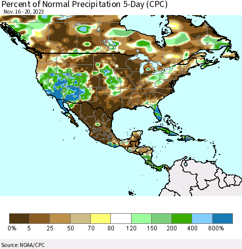 North America Percent of Normal Precipitation 5-Day (CPC) Thematic Map For 11/16/2023 - 11/20/2023