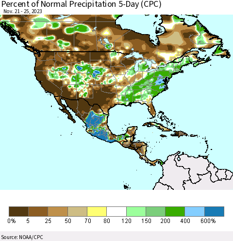 North America Percent of Normal Precipitation 5-Day (CPC) Thematic Map For 11/21/2023 - 11/25/2023
