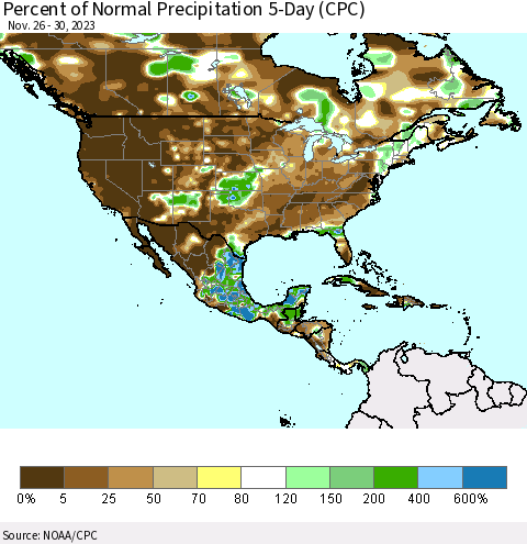 North America Percent of Normal Precipitation 5-Day (CPC) Thematic Map For 11/26/2023 - 11/30/2023