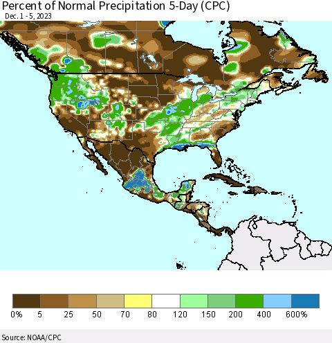 North America Percent of Normal Precipitation 5-Day (CPC) Thematic Map For 12/1/2023 - 12/5/2023
