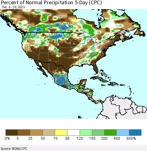 North America Percent of Normal Precipitation 5-Day (CPC) Thematic Map For 12/6/2023 - 12/10/2023