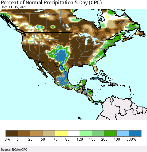 North America Percent of Normal Precipitation 5-Day (CPC) Thematic Map For 12/11/2023 - 12/15/2023