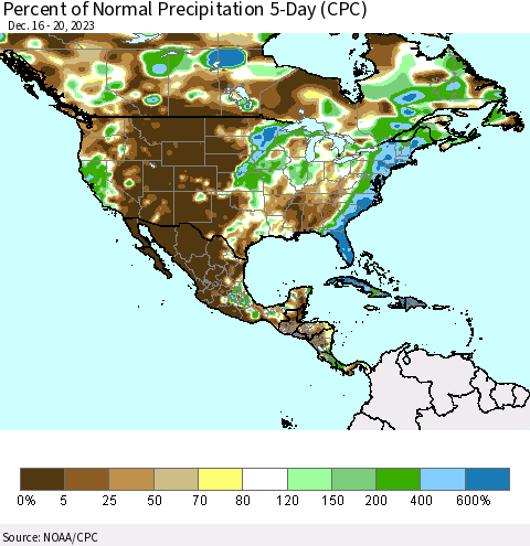 North America Percent of Normal Precipitation 5-Day (CPC) Thematic Map For 12/16/2023 - 12/20/2023