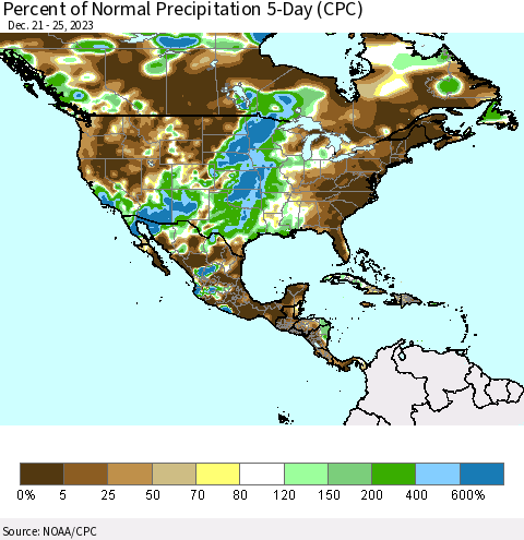 North America Percent of Normal Precipitation 5-Day (CPC) Thematic Map For 12/21/2023 - 12/25/2023