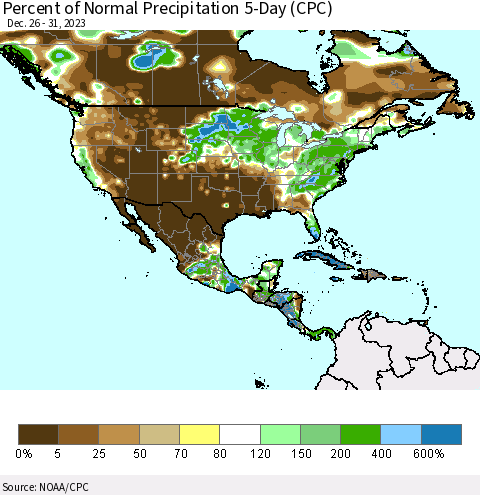 North America Percent of Normal Precipitation 5-Day (CPC) Thematic Map For 12/26/2023 - 12/31/2023