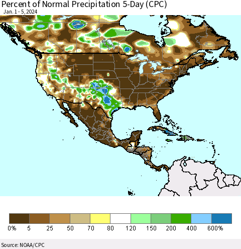 North America Percent of Normal Precipitation 5-Day (CPC) Thematic Map For 1/1/2024 - 1/5/2024