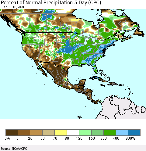North America Percent of Normal Precipitation 5-Day (CPC) Thematic Map For 1/6/2024 - 1/10/2024