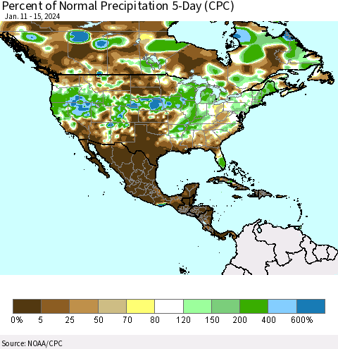 North America Percent of Normal Precipitation 5-Day (CPC) Thematic Map For 1/11/2024 - 1/15/2024