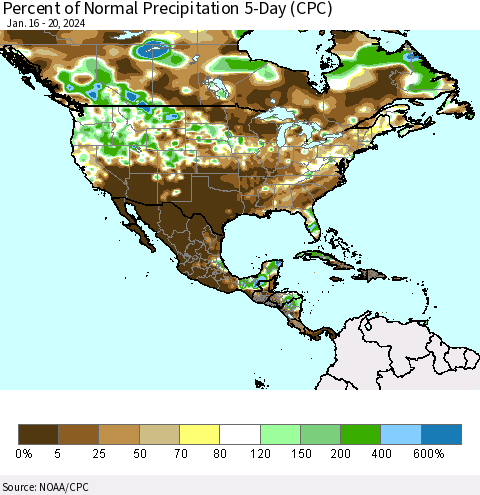 North America Percent of Normal Precipitation 5-Day (CPC) Thematic Map For 1/16/2024 - 1/20/2024