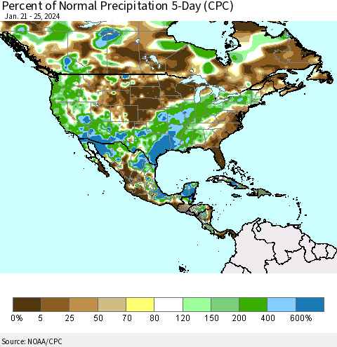 North America Percent of Normal Precipitation 5-Day (CPC) Thematic Map For 1/21/2024 - 1/25/2024