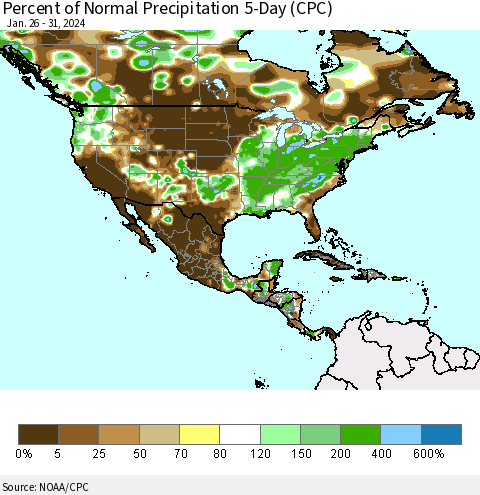 North America Percent of Normal Precipitation 5-Day (CPC) Thematic Map For 1/26/2024 - 1/31/2024