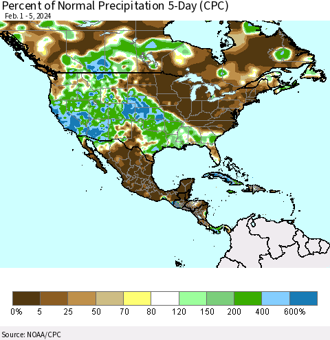 North America Percent of Normal Precipitation 5-Day (CPC) Thematic Map For 2/1/2024 - 2/5/2024