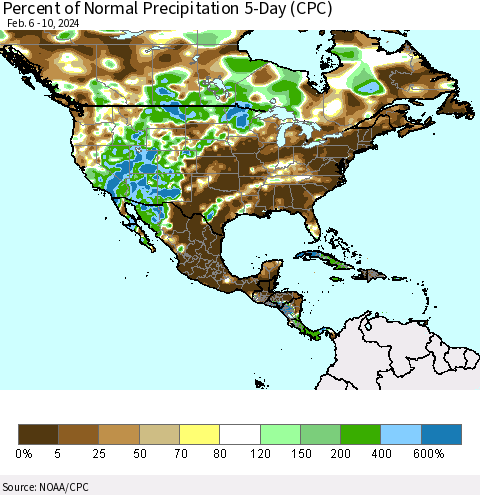 North America Percent of Normal Precipitation 5-Day (CPC) Thematic Map For 2/6/2024 - 2/10/2024