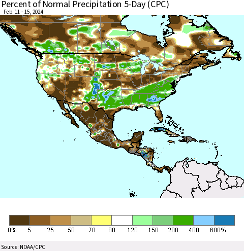 North America Percent of Normal Precipitation 5-Day (CPC) Thematic Map For 2/11/2024 - 2/15/2024