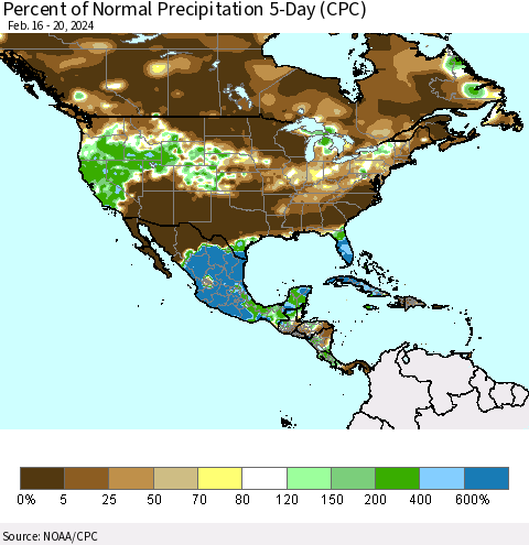 North America Percent of Normal Precipitation 5-Day (CPC) Thematic Map For 2/16/2024 - 2/20/2024