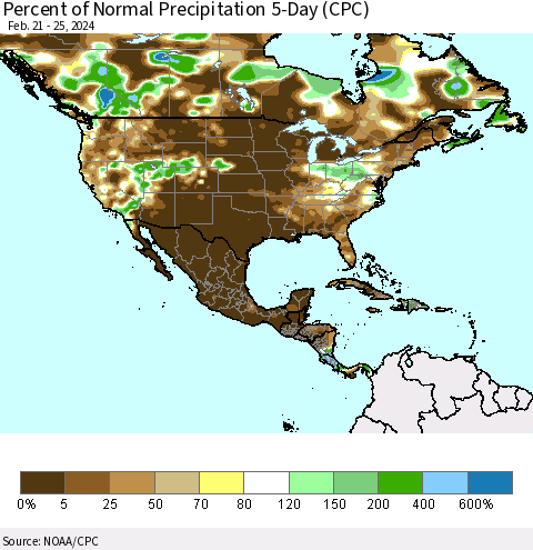 North America Percent of Normal Precipitation 5-Day (CPC) Thematic Map For 2/21/2024 - 2/25/2024