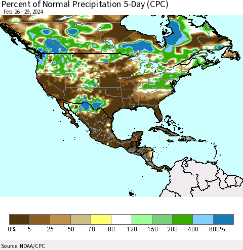 North America Percent of Normal Precipitation 5-Day (CPC) Thematic Map For 2/26/2024 - 2/29/2024
