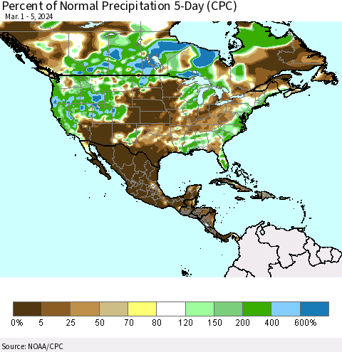 North America Percent of Normal Precipitation 5-Day (CPC) Thematic Map For 3/1/2024 - 3/5/2024