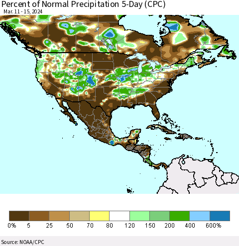 North America Percent of Normal Precipitation 5-Day (CPC) Thematic Map For 3/11/2024 - 3/15/2024