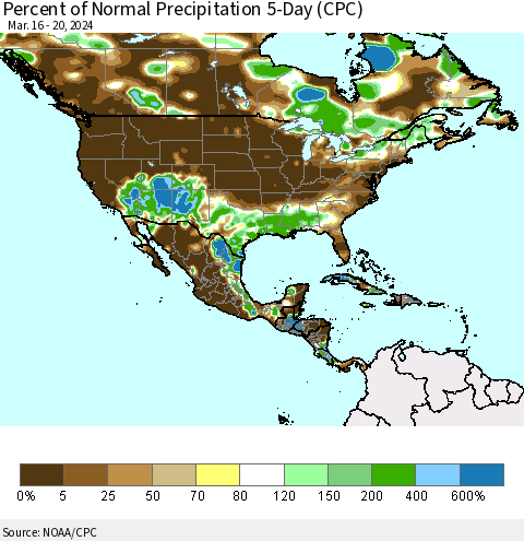 North America Percent of Normal Precipitation 5-Day (CPC) Thematic Map For 3/16/2024 - 3/20/2024