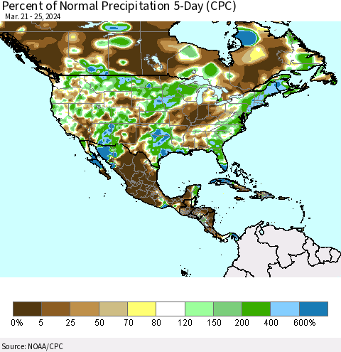 North America Percent of Normal Precipitation 5-Day (CPC) Thematic Map For 3/21/2024 - 3/25/2024