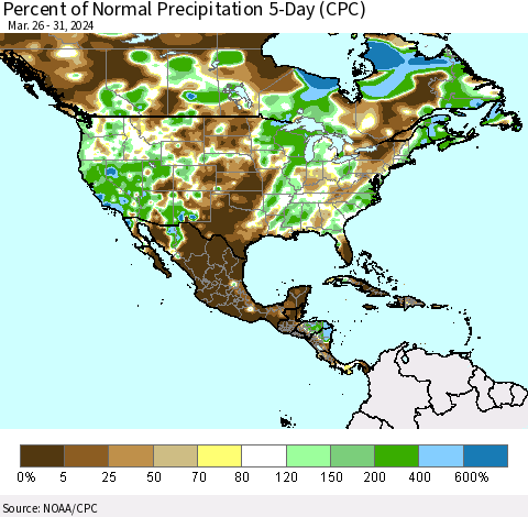 North America Percent of Normal Precipitation 5-Day (CPC) Thematic Map For 3/26/2024 - 3/31/2024