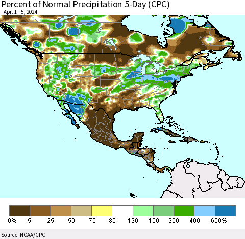North America Percent of Normal Precipitation 5-Day (CPC) Thematic Map For 4/1/2024 - 4/5/2024