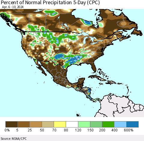 North America Percent of Normal Precipitation 5-Day (CPC) Thematic Map For 4/6/2024 - 4/10/2024