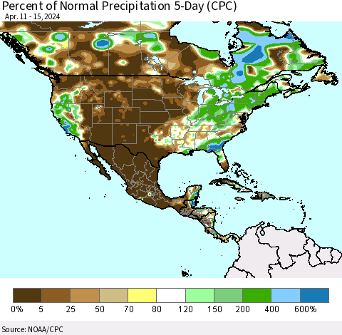 North America Percent of Normal Precipitation 5-Day (CPC) Thematic Map For 4/11/2024 - 4/15/2024
