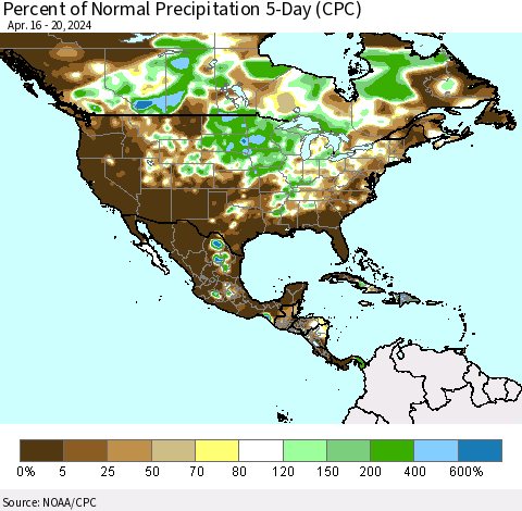 North America Percent of Normal Precipitation 5-Day (CPC) Thematic Map For 4/16/2024 - 4/20/2024