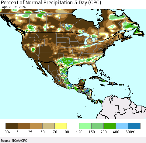 North America Percent of Normal Precipitation 5-Day (CPC) Thematic Map For 4/21/2024 - 4/25/2024