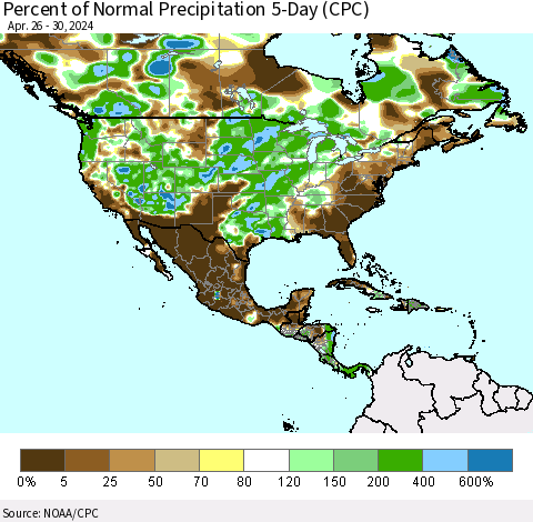 North America Percent of Normal Precipitation 5-Day (CPC) Thematic Map For 4/26/2024 - 4/30/2024