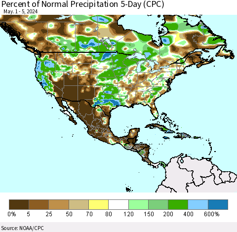 North America Percent of Normal Precipitation 5-Day (CPC) Thematic Map For 5/1/2024 - 5/5/2024