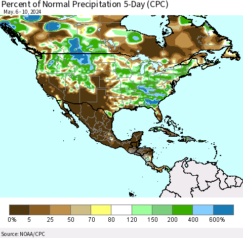 North America Percent of Normal Precipitation 5-Day (CPC) Thematic Map For 5/6/2024 - 5/10/2024