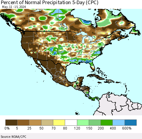 North America Percent of Normal Precipitation 5-Day (CPC) Thematic Map For 5/11/2024 - 5/15/2024