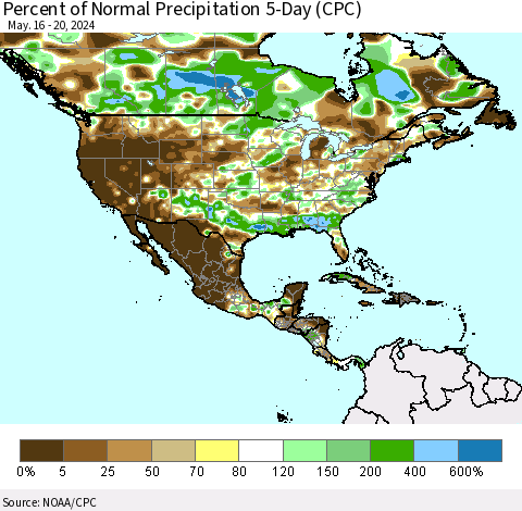 North America Percent of Normal Precipitation 5-Day (CPC) Thematic Map For 5/16/2024 - 5/20/2024