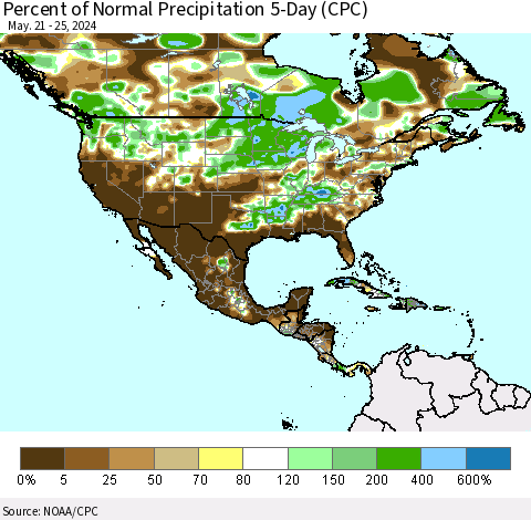 North America Percent of Normal Precipitation 5-Day (CPC) Thematic Map For 5/21/2024 - 5/25/2024