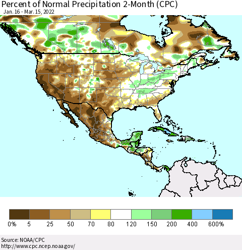 North America Percent of Normal Precipitation 2-Month (CPC) Thematic Map For 1/16/2022 - 3/15/2022