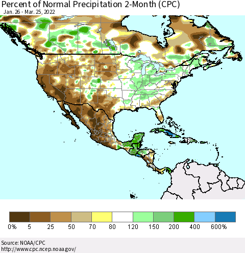 North America Percent of Normal Precipitation 2-Month (CPC) Thematic Map For 1/26/2022 - 3/25/2022