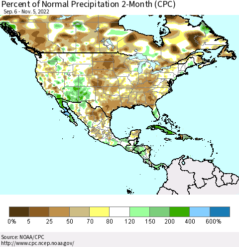 North America Percent of Normal Precipitation 2-Month (CPC) Thematic Map For 9/6/2022 - 11/5/2022