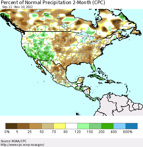 North America Percent of Normal Precipitation 2-Month (CPC) Thematic Map For 9/11/2022 - 11/10/2022
