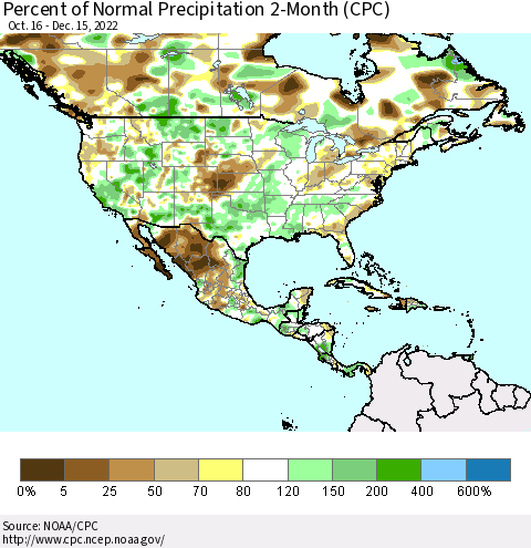 North America Percent of Normal Precipitation 2-Month (CPC) Thematic Map For 10/16/2022 - 12/15/2022